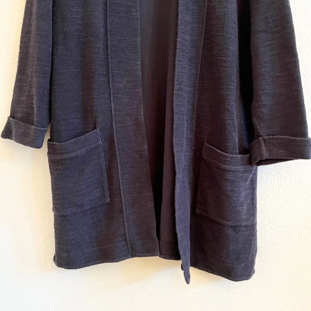 Lands End Thick Terrycloth Black Knit Open Front‎ Cardigan Sweater Size 14 16
